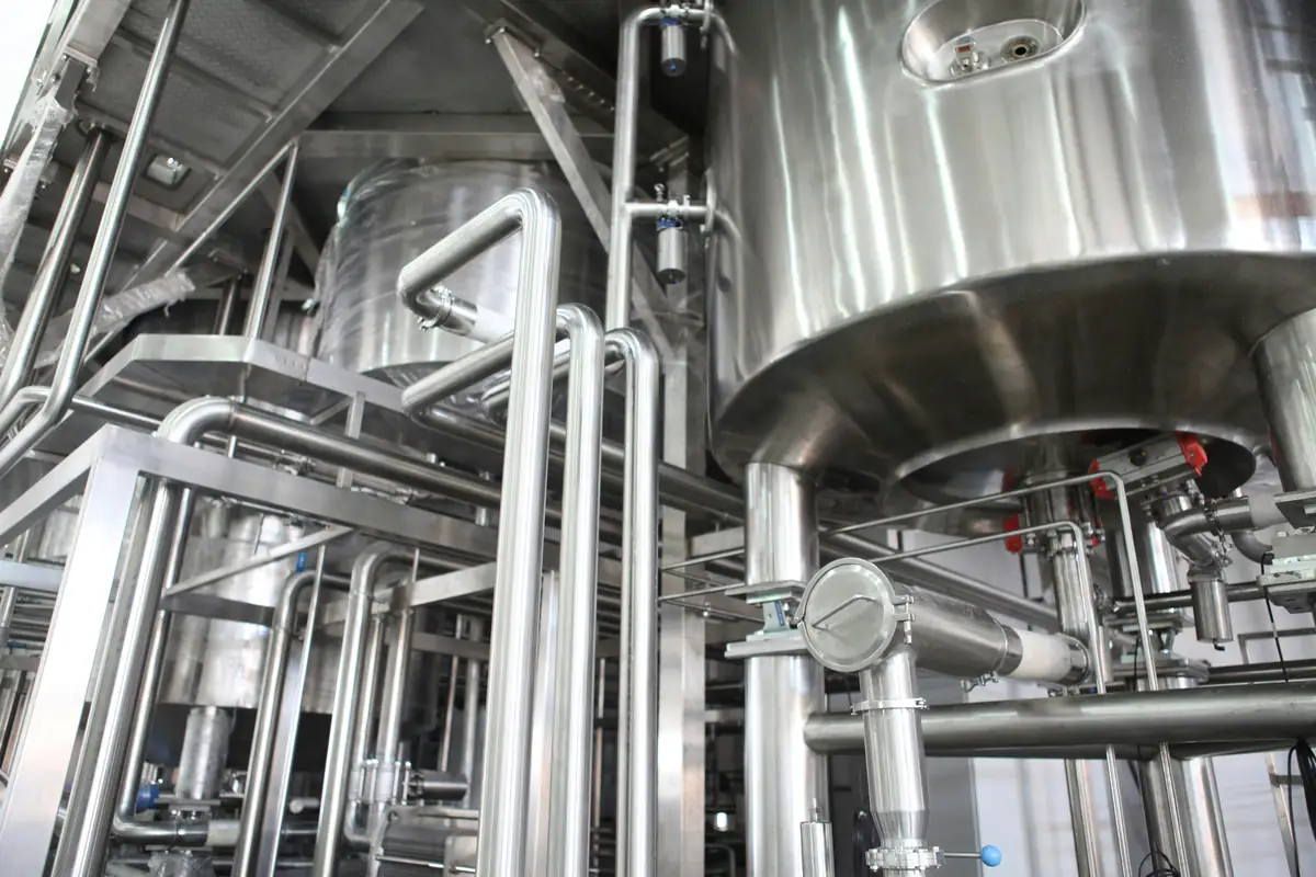 Stainless steel process tanks and pipework in a plant